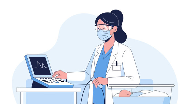 Doctor performs ultrasound on newborn baby in incubator, healthcare concept
