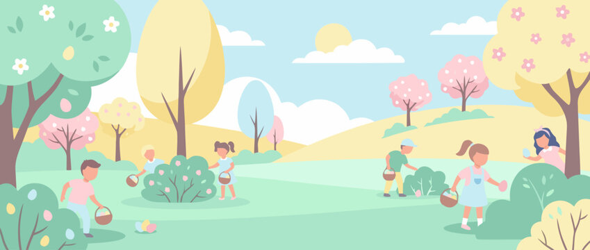 Flat vector illustration of a panoramic Easter egg hunt in a sunlit park with happy children searching through green grass and spring flowers under a bright blue sky with fluffy white clouds.