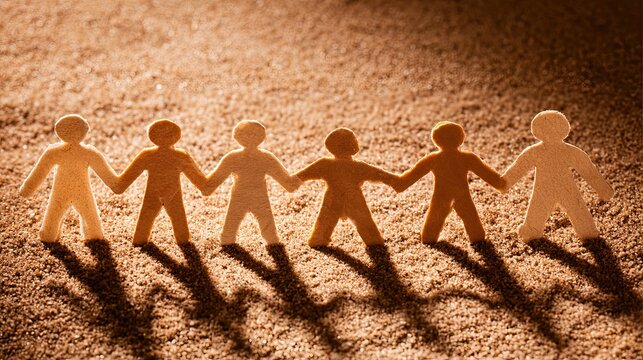 Warm lit papercut human cutouts holding hands, still graphic for teamwork unity diversity community cooperation human resources charity concept