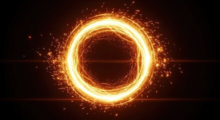 Fototapeta premium Brilliant golden energy ring generating shimmering sparks and a powerful light effect on a dark space background, suitable for science fiction concepts and magical themes