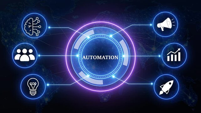 Futuristic automation interface with glowing digital icons and global map background showing technological growth.