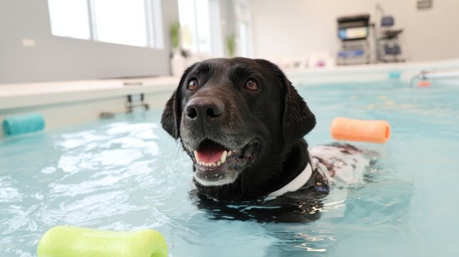 Black labrador swimming in therapy pool with flotation noodle for pet rehabilitation design, card, poster, background