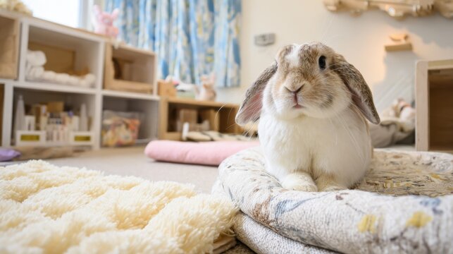 Cute lop rabbit portrait in a cozy pastel nursery living room for pet care blog, greeting card, poster and background design