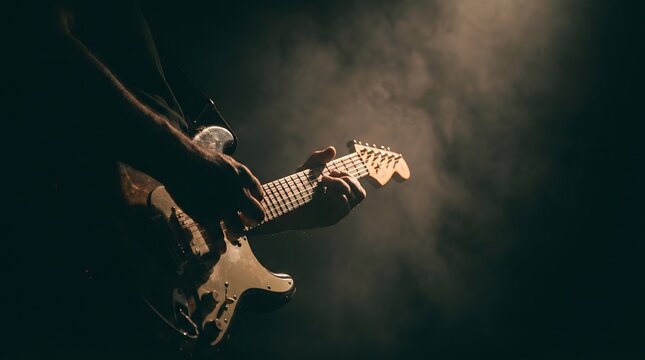 Rock Guitarist on Stage: A skilled guitarist in silhouette plays a electric guitar on stage, illuminated by dramatic stage lighting and smoke. Evokes passion and performance
