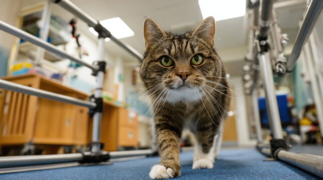 Tabby cat walking between physical therapy rails in a veterinary rehabilitation clinic for animal therapy, clinic poster, website and background design