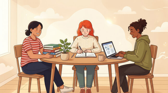 Three students studying together at a wooden table