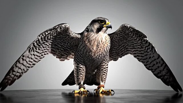 Peregrine falcon dance with CG fur rendering and realistic animation in a studio setting
