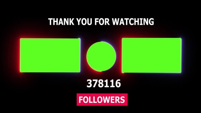 You tube end screen template with animated follower counter and green screen placeholders for channel outro and social media branding