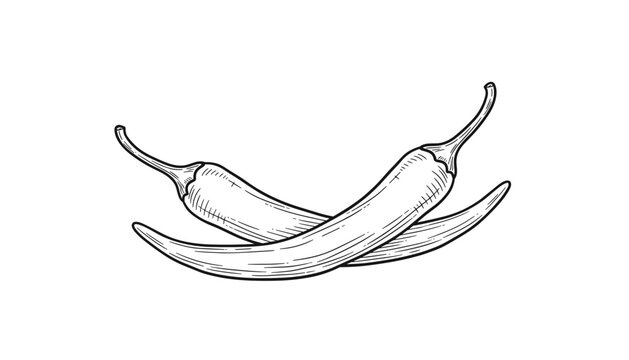 Hand drawn black and white sketch of two crossed hot chili peppers over a clean white background, detailed engraving style.