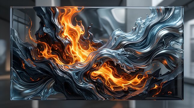 Abstract art of swirling flames and molten metal on a television screen in a modern room