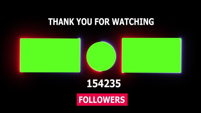 You tube end screen template with green screen placeholders and animated follower counter for social media channel outro and branding