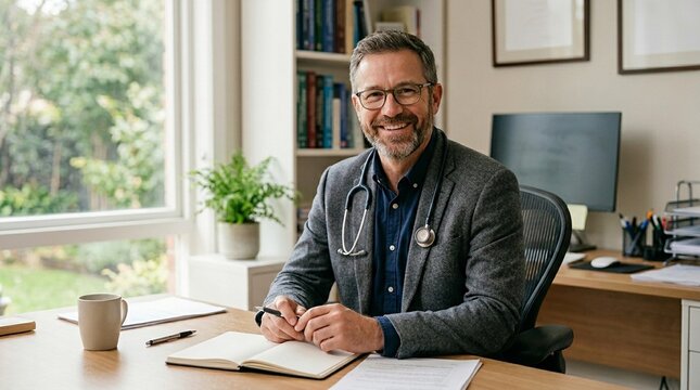Friendly Male Doctor Smiling at Desk &mdash; Approachable General Practitioner Healthcare Stock Photo