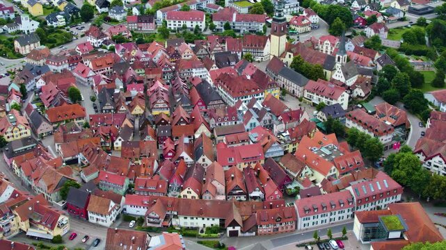 Panoramic aerial view beside the old town of the city Haslach im Kinzigtal beside the black forest in Germany on a sunny noon  day in spring.