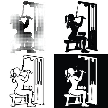 Silhouette of a woman performing a lat pulldown exercise at a gym machine.