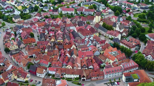 Panoramic aerial view beside the old town of the city Haslach im Kinzigtal beside the black forest in Germany on a sunny noon  day in spring.