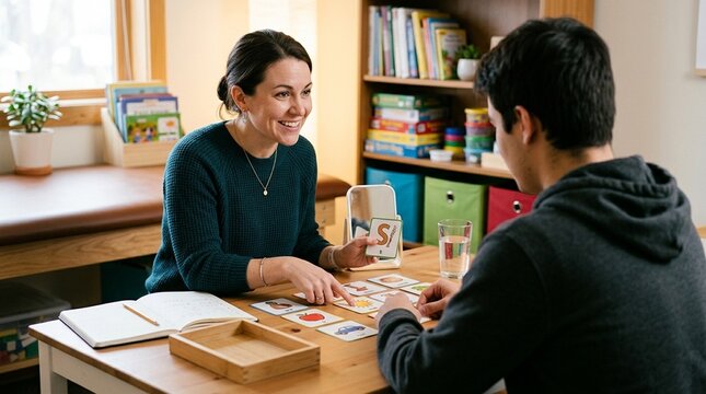 Speech Therapist Working with Patient One-on-One &mdash; Communication Rehabilitation and Speech Language Pathology Stock Photo