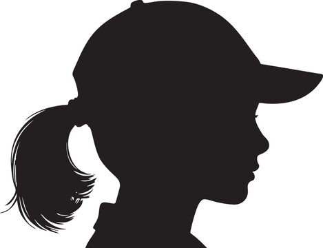 Girl Profile Silhouette with Ponytail and Cap Isolated on White Background