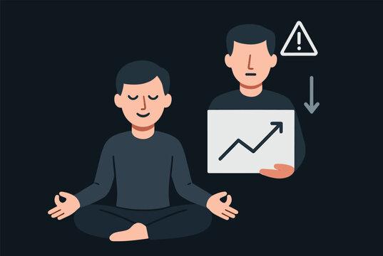 Peaceful man meditating in lotus pose to manage stress while another version of him holds a chart with a warning icon.