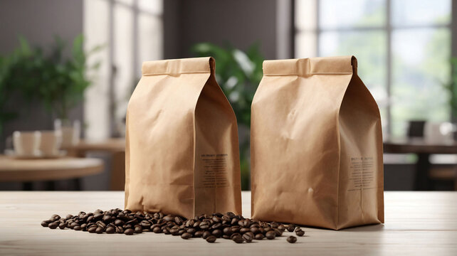 Coffee packaging mockup with kraft paper coffee bags, roasted coffee beans and a steaming cup of hot coffee. Ideal for packaging design