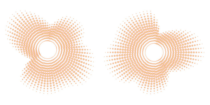 Set of three orange glowing radial sound wave equalizer with halftone dots on dark background. Music rhythm visualizer Pack,