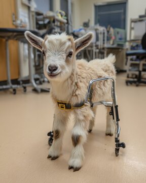 Young goat in mobility walker at veterinary clinic for animal rehabilitation poster and care design background