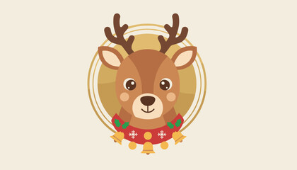 Fototapeta premium Cute cartoon illustration of a christmas reindeer wearing a red collar with bells inside a golden circular frame.