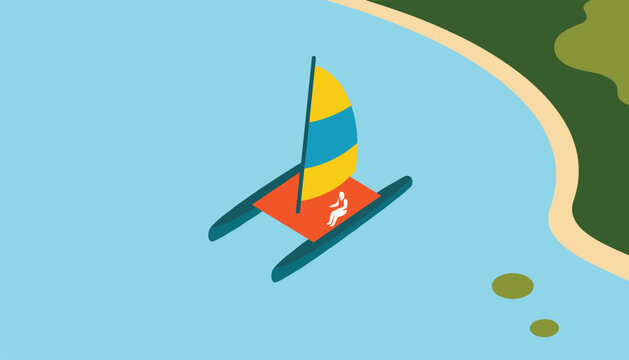 Overhead isometric vector illustration of a catamaran with a colorful sail gliding near a sandy tropical beach.