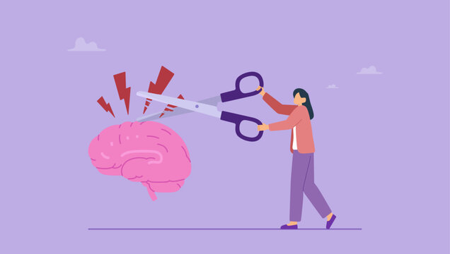 Overworked woman cutting stress with scissors. Changing behavior for better mental health, Stress elimination from busy work or toxic environment concept.