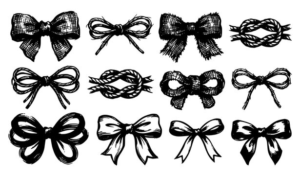 Bold grunge brush stroke bow vector illustration set with rough hand drawn gift ribbon elements