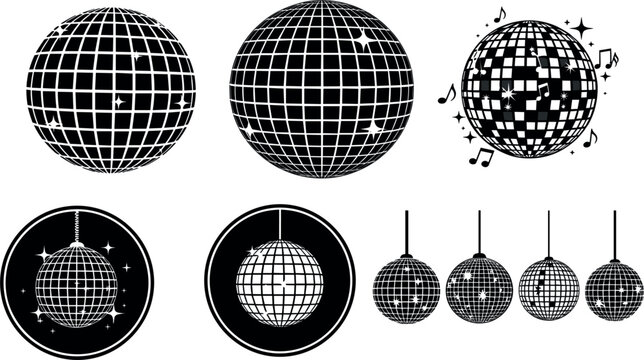 Retro Disco Ball Vector Set with Music Notes and Circular Badges for Nightclub Parties and Dance Event Graphic Designs