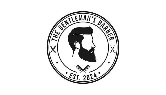Circular vintage badge design for a professional gentlemans barber shop featuring a bearded man profile silhouette.
