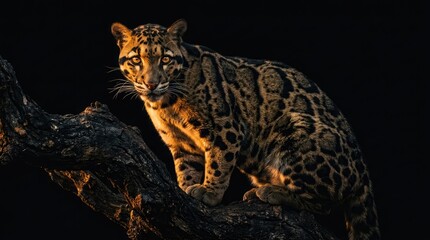 Obraz premium A leopard perches on a branch in the darkness, illuminated by a warm light source.