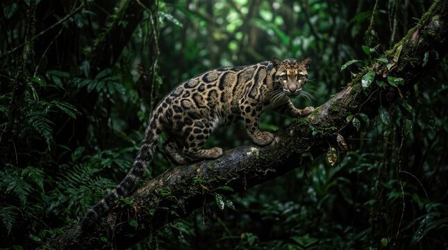 Clouded leopard perched on a tree branch in a dense forest habitat