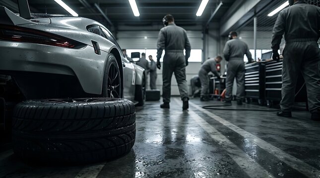 Professional mechanics servicing a luxury race car in a well-lit garage workshop