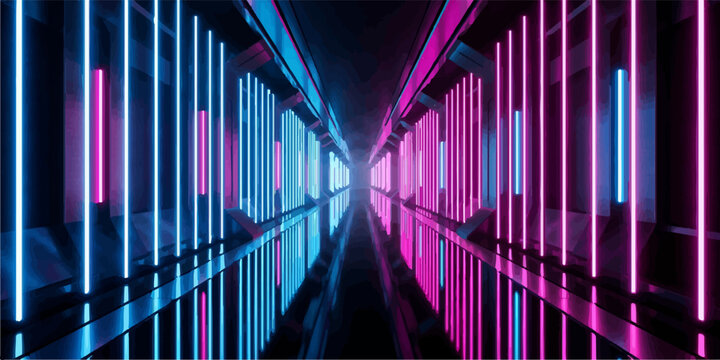 Modern neon corridor with glowing blue and pink lights corridor interior reflection futuristic abstract symmetrical perspective technology architecture cyberpunk structure background