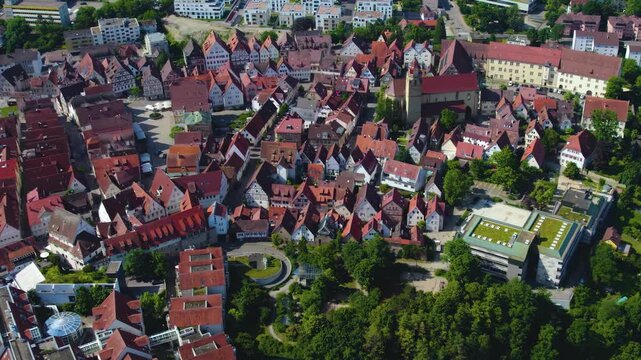 Panoramic aerial view beside the old town of the city Leonberg in Germany on a sunny noon  day in spring.