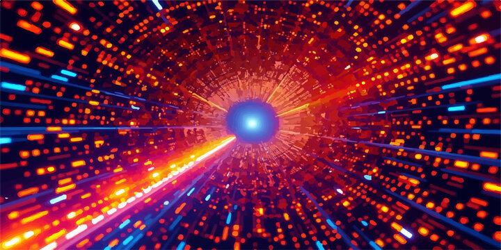 Abstract digital tunnel with glowing orange and blue fiber optic data light stream abstract connection information communication streaming electronic processing internet transfer velocity