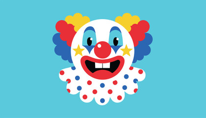 Fototapeta premium Colorful cartoon clown face featuring a bright red nose, blue and red hair, star face paint, and a dotted ruffle collar.