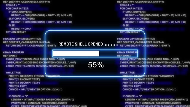 cyan glowing progress bar shows 100% percent of remote shell opened on a background of computer code programming- 4k black background icon animation with Glitch Effect