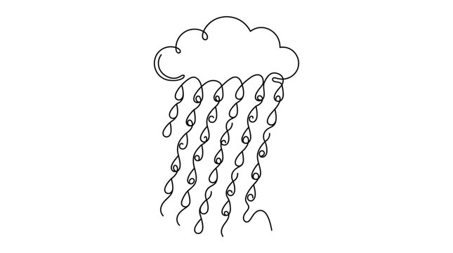A continuous single line drawing of a rain cloud with falling raindrops.