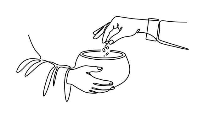 Continuous line drawing of a person offering food or alms in a bowl.