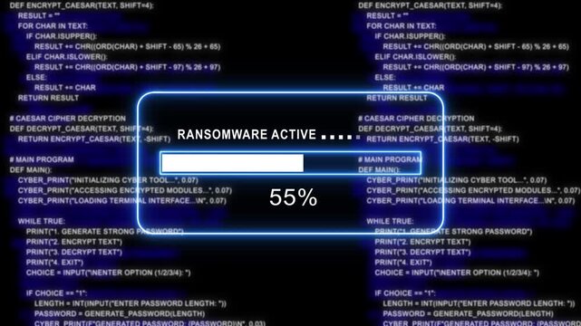 cyan glowing progress bar shows 100% percent of ransomware active on a background of computer code programming- 4k black background icon animation with Glitch Effect