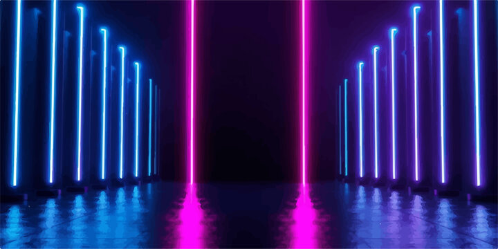Endless corridor of glowing neon light tubes creating cinematic perspective with corridor abstract perspective futuristic reflective technology geometric synthwave retrowave backdrop