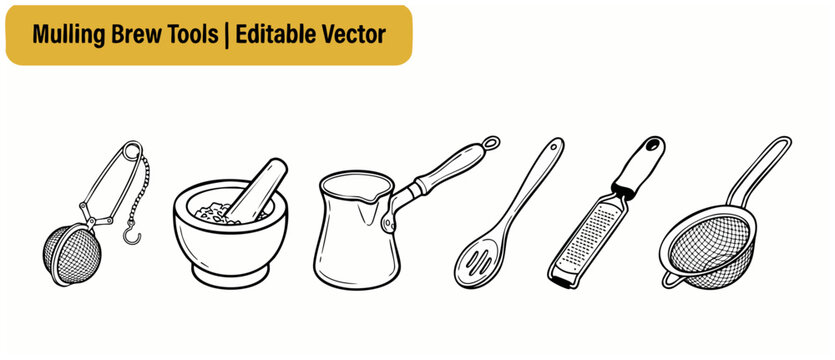 Kitchen utensils line art vector set featuring tea infuser, mortar and pestle, coffee cezve pot, slotted spoon, grater, and mesh strainer for cooking, brewing, and preparing warm mulled wine beverage.