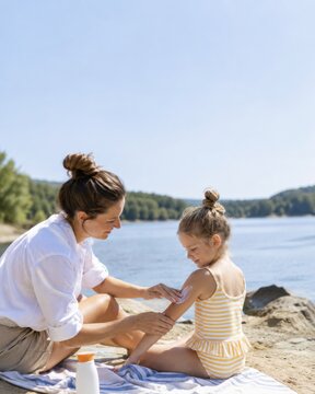 Mother Applying Protective Cream to Daughter's Arm by the Water