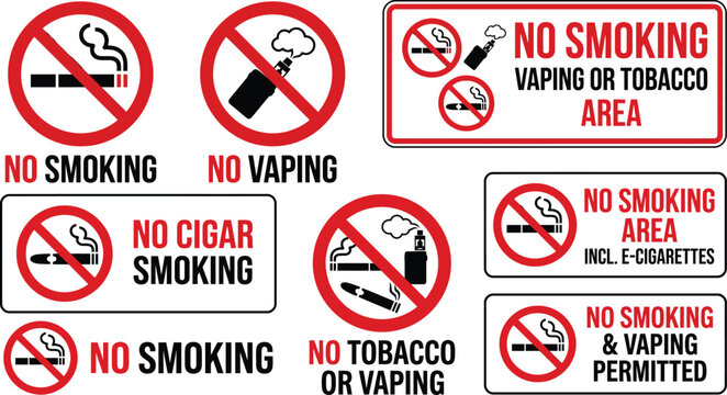 Set of no smoking and no vaping signs, prohibition symbols for tobacco and electronic cigarettes
