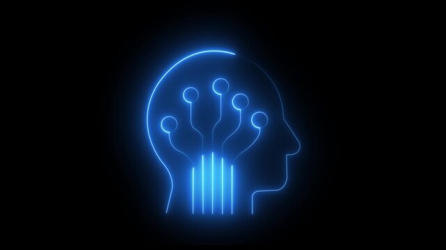 Glowing neon ai-brain icon isolated on black background. 4k Video motion graphic animation icon artificial intelligence animation