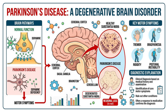 Educational infographic showing Parkinson&rsquo;s disease brain pathways, dopamine deficiency, and motor symptom explanation.