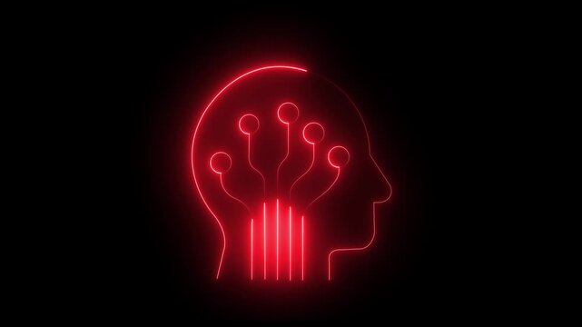 Glowing neon ai-brain icon isolated on black background. 4k Video motion graphic animation icon artificial intelligence animation