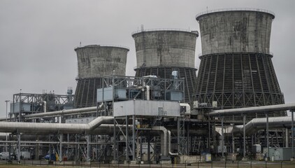 Obraz premium Overcast medium shot capturing dry cooling towers and plant utilities in subdued lighting emphasizing the infrastructures resilience and functionality under gray skies.